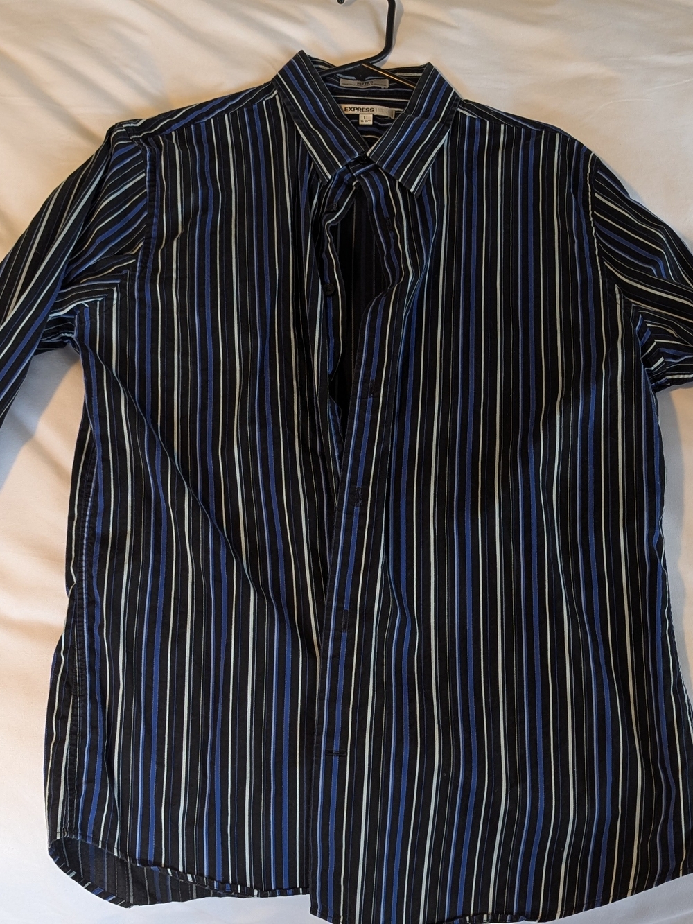 Express Men’s L Fitted Stripe Button Down Shirt Navy Blue Stretch